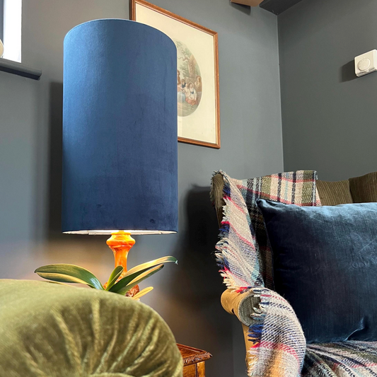 Navy Velvet Cylinder Lampshade | Extra Tall Drum Light Shade | Handmade UK