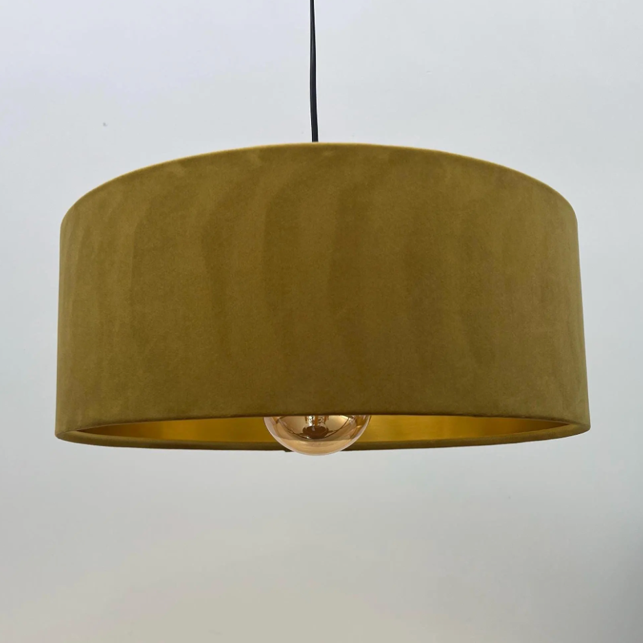 Slim Mustard Gold Velvet Ceiling Light Shade: Metallic Lined Extra Large Drum