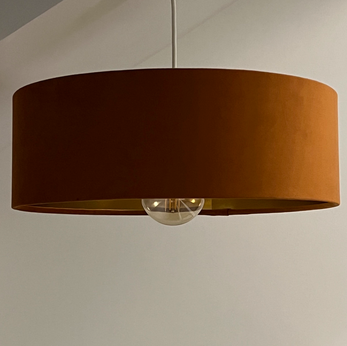Slim Burnt Orange Velvet Ceiling Light Shade: Metallic Lined Extra Large Drum