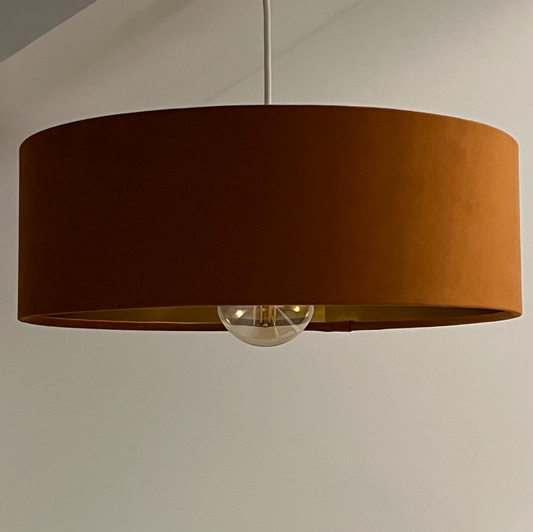 Slim Burnt Orange Velvet Ceiling Light Shade: Metallic Lined Extra Large Drum