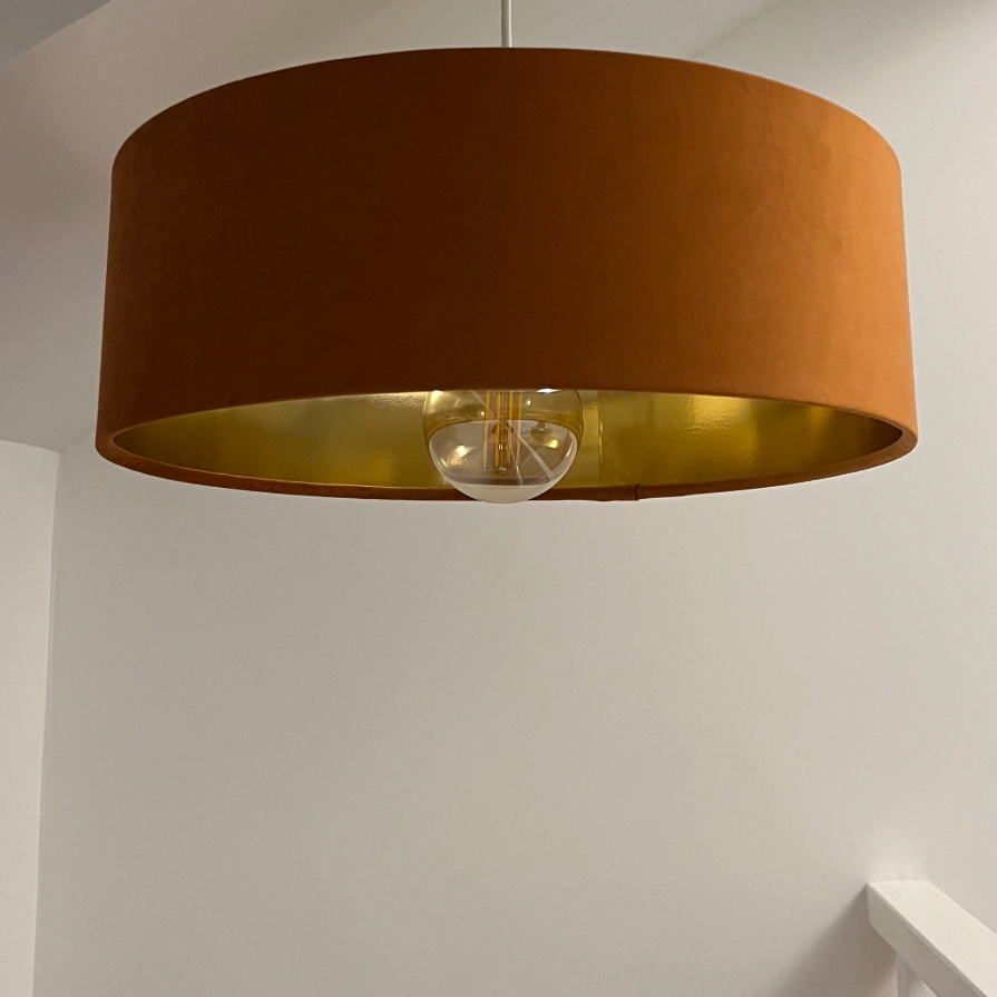 Slim Burnt Orange Velvet Ceiling Light Shade: Metallic Lined Extra Large Drum