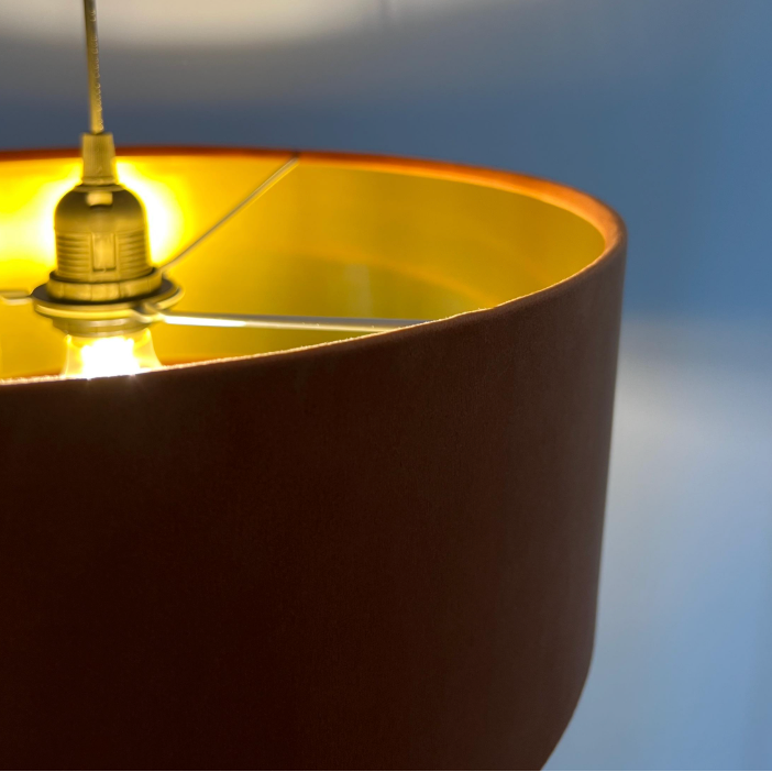 Slim Burnt Orange Velvet Ceiling Light Shade: Metallic Lined Extra Large Drum