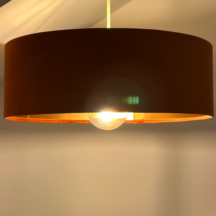 Slim Burnt Orange Velvet Ceiling Light Shade: Metallic Lined Extra Large Drum