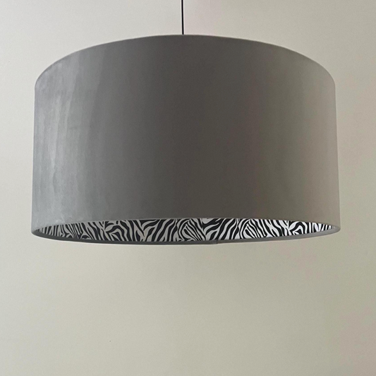 Grey Velvet & Zebra Cotton Double Sided Drum Lampshade | Handmade Ceiling Light Shade | Bespoke UK