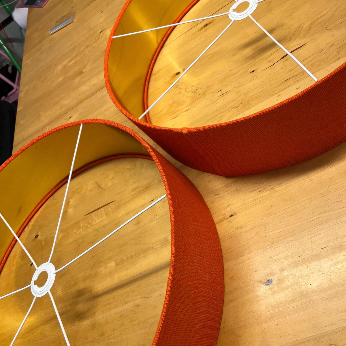 Slim Orange Hessian Ceiling Light Shade: Metallic Lined Extra Large Drum