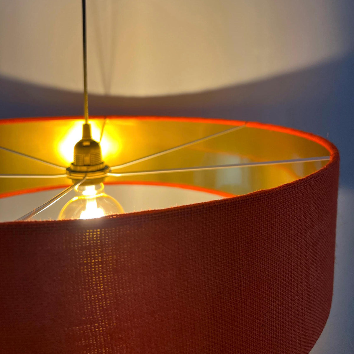Slim Orange Hessian Ceiling Light Shade: Metallic Lined Extra Large Drum