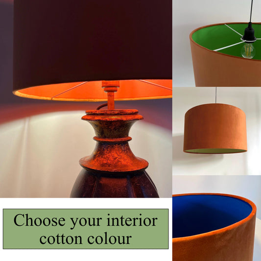 Burnt Orange Velvet & Cotton Double Sided Drum Lampshade | Handmade Ceiling Light Shade | Bespoke UK