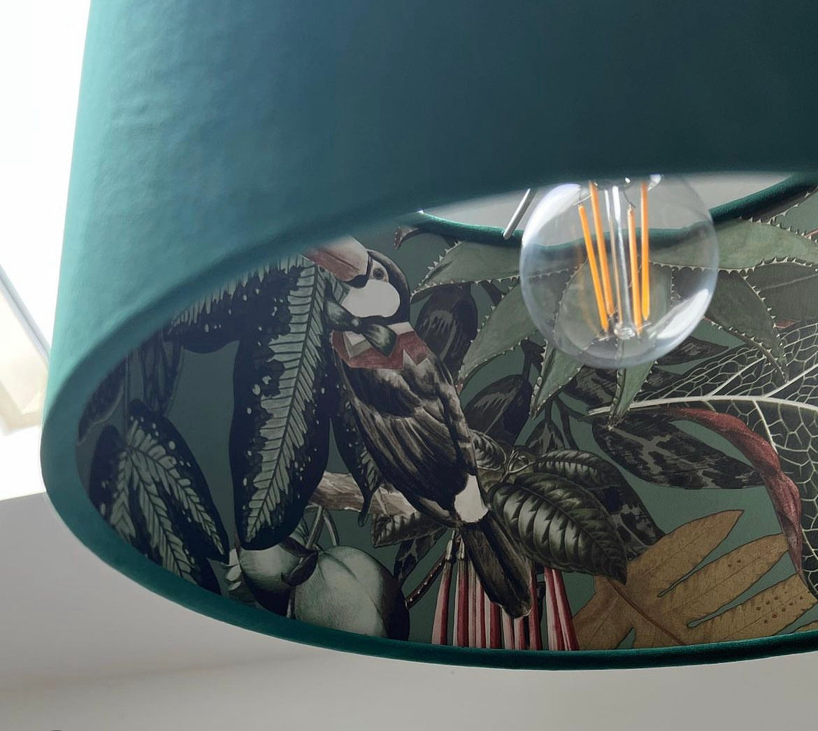 Green velvet wonderland drum lampshade, double sided lampshade with sage wonderland paper on interior