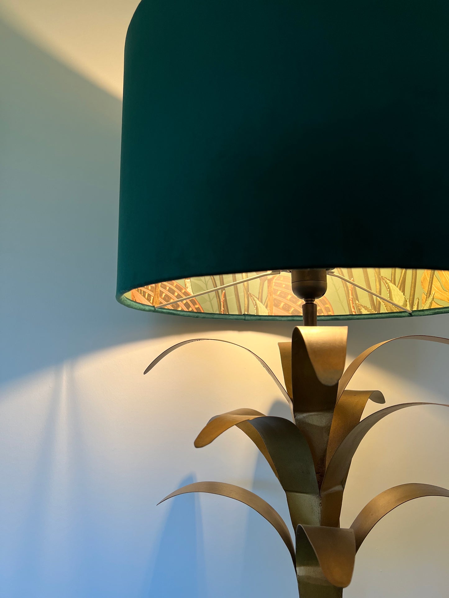 Green velvet wonderland drum lampshade, double sided lampshade with sage wonderland paper on interior