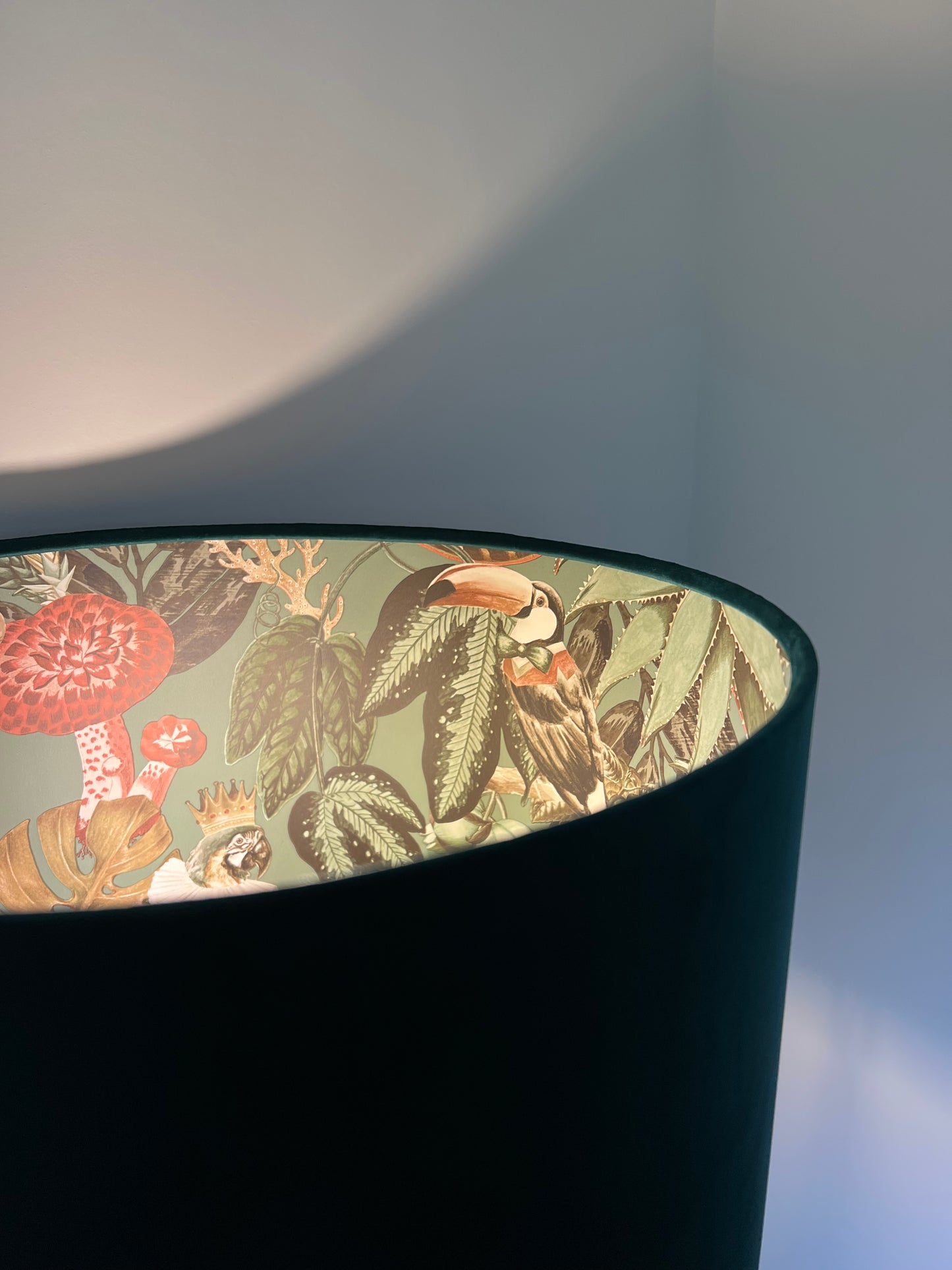 Green velvet wonderland drum lampshade, double sided lampshade with sage wonderland paper on interior