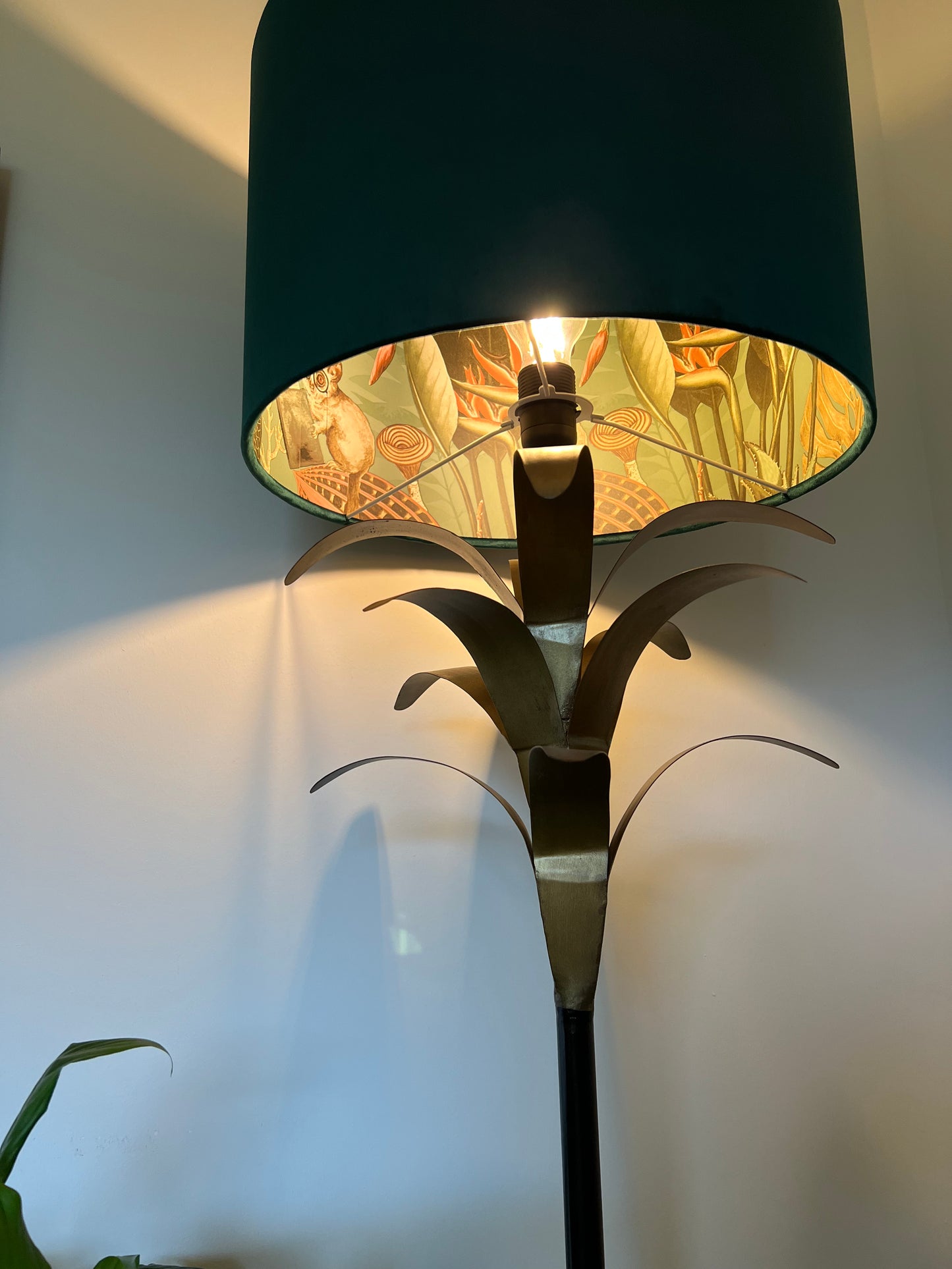 Green velvet wonderland drum lampshade, double sided lampshade with sage wonderland paper on interior