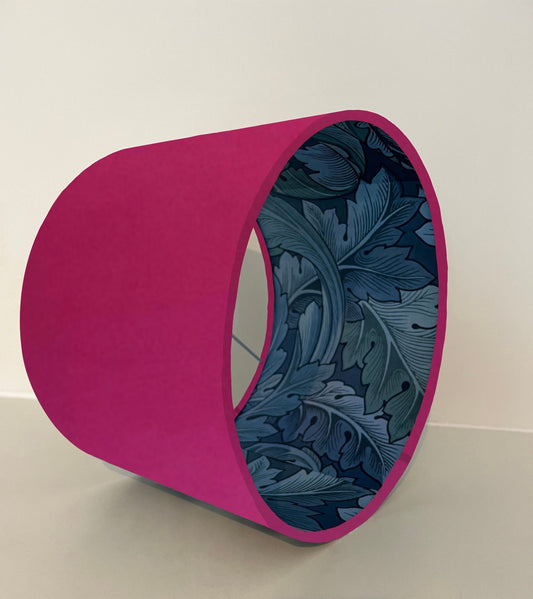 Pink velvet drum lampshade/ ceiling light shade with blue leaves paper interior