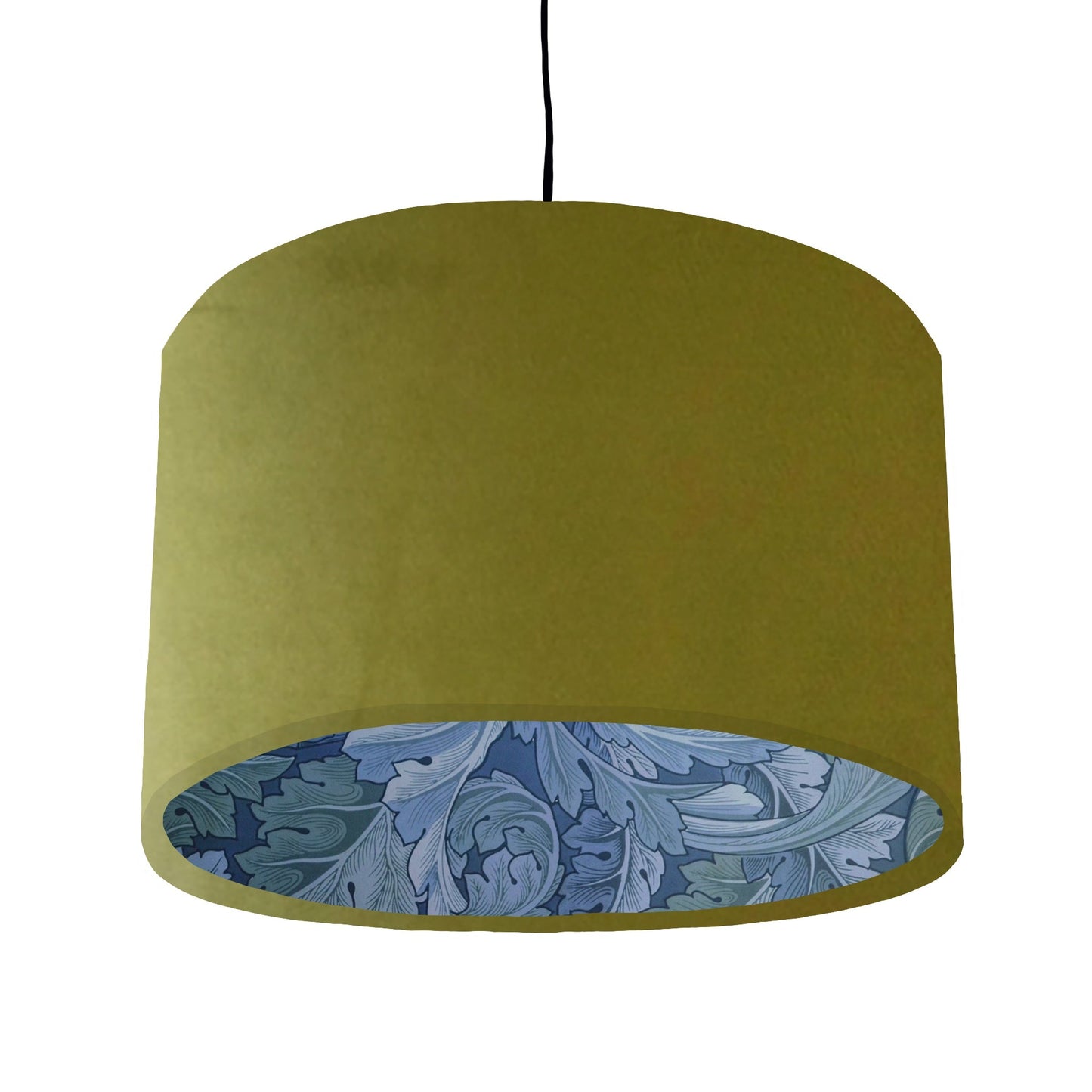 Olive velvet drum lampshade/ ceiling light shade with blue leaves paper interior