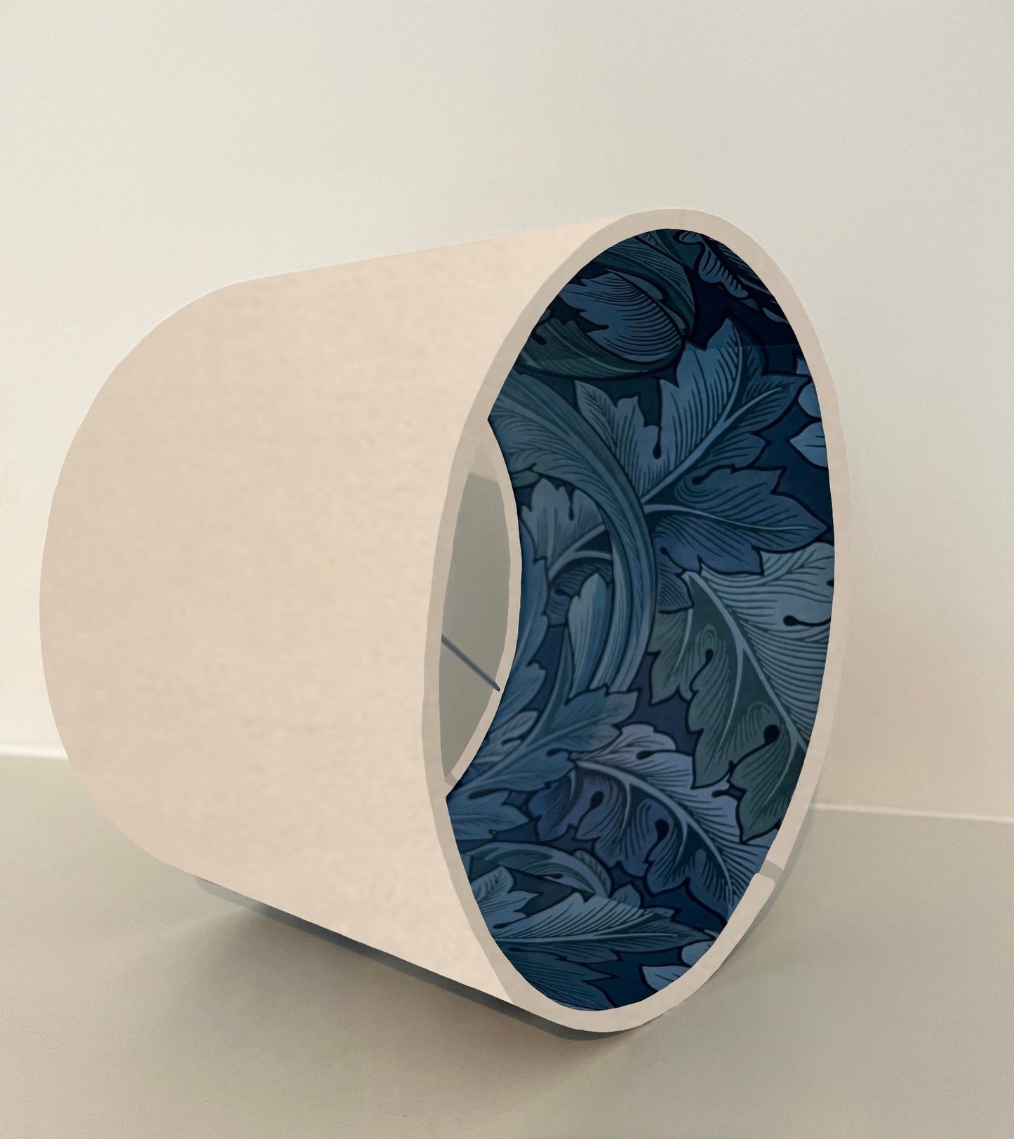 Cream velvet drum lampshade/ ceiling light shade with blue leaves paper interior