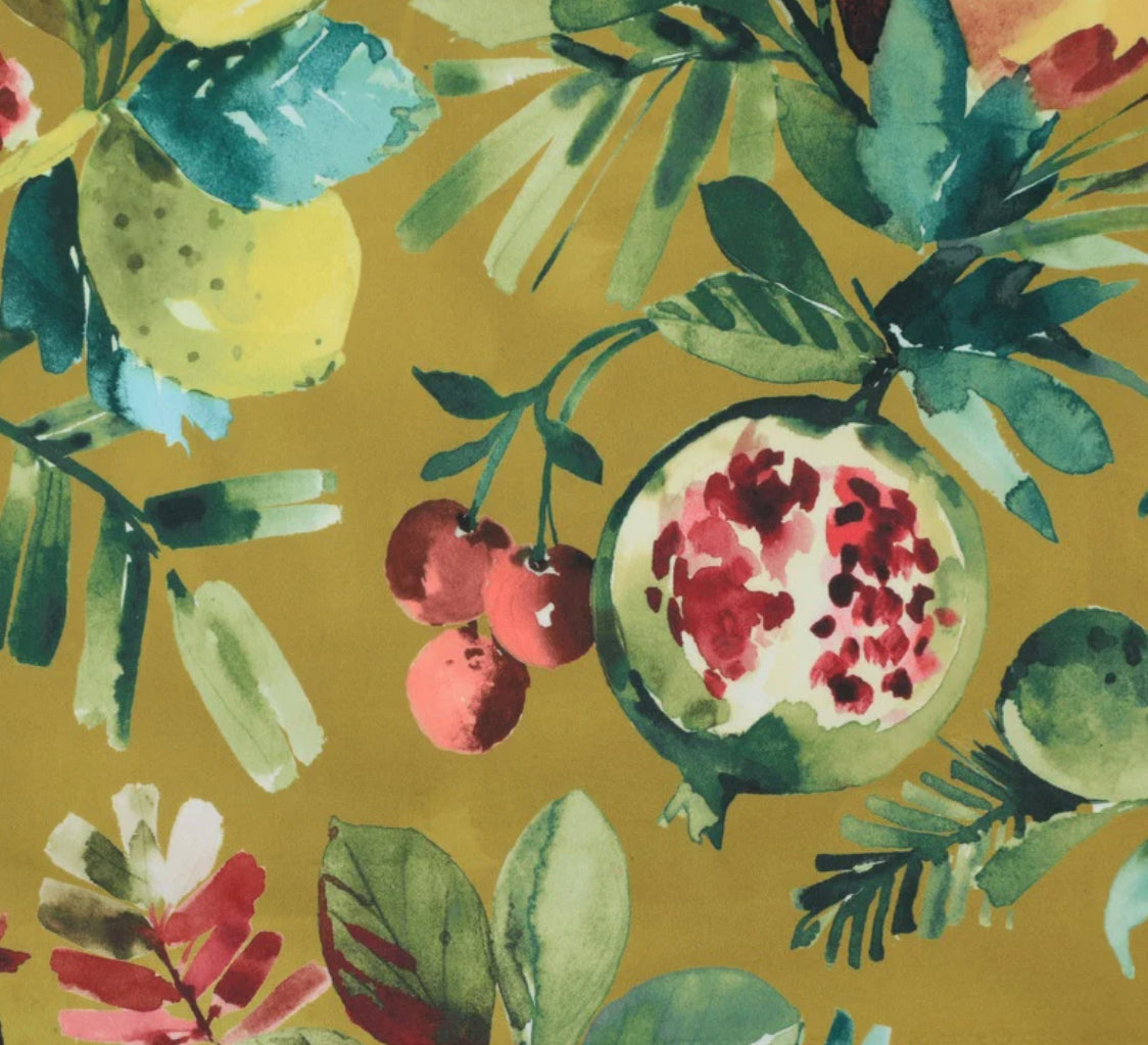 Fruit garden velvet in mustard, drum lampshade /ceiling shade with a white lining