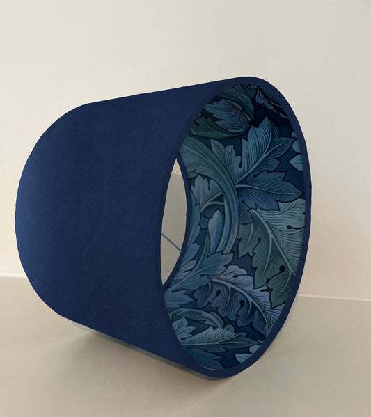 Navy blue velvet drum lampshade/ ceiling light shade with blue leaves paper interior