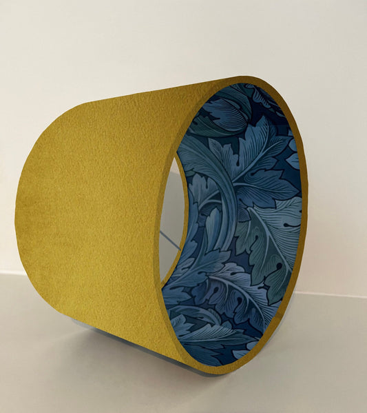 Mustard velvet drum lampshade/ ceiling light shade with blue leaves paper interior