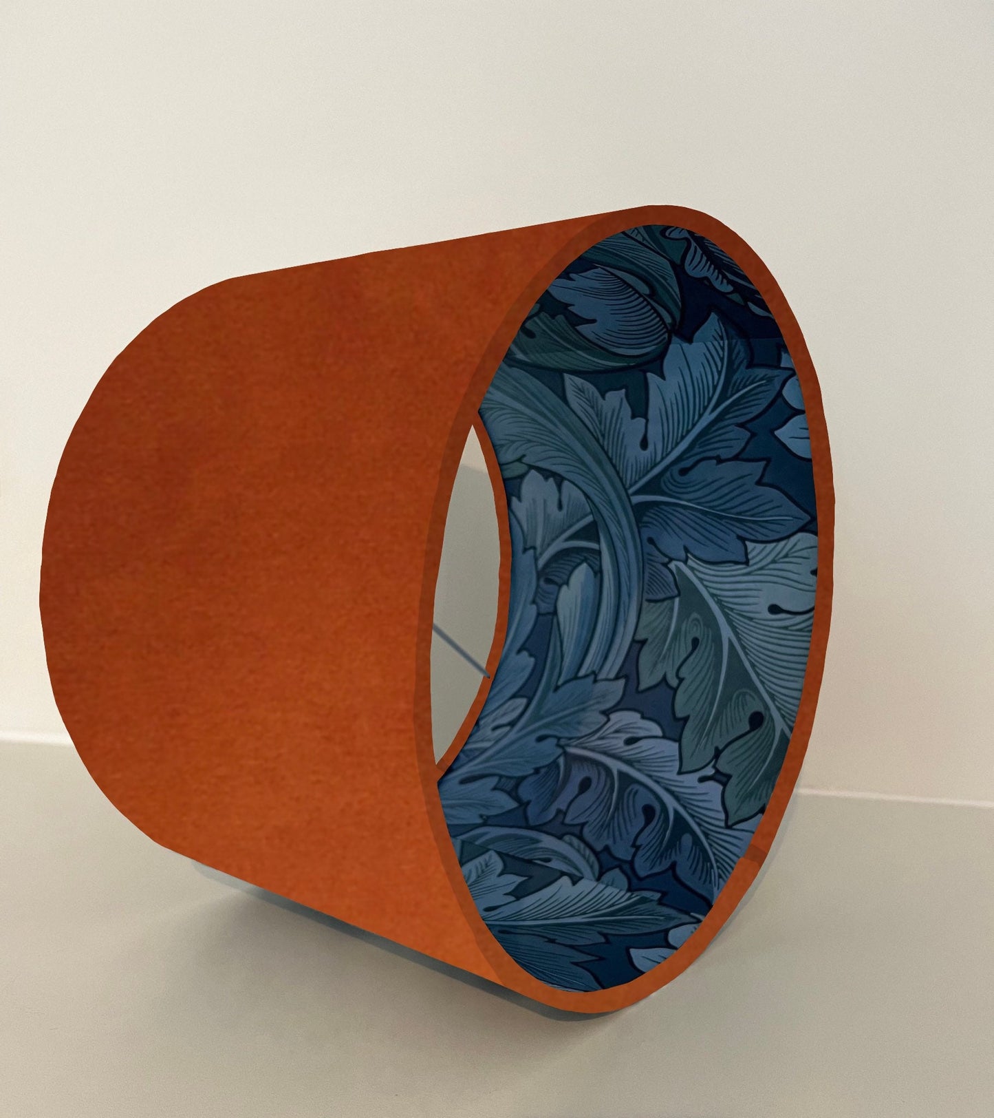 Burnt orange velvet drum lampshade/ ceiling light shade with blue leaves paper interior