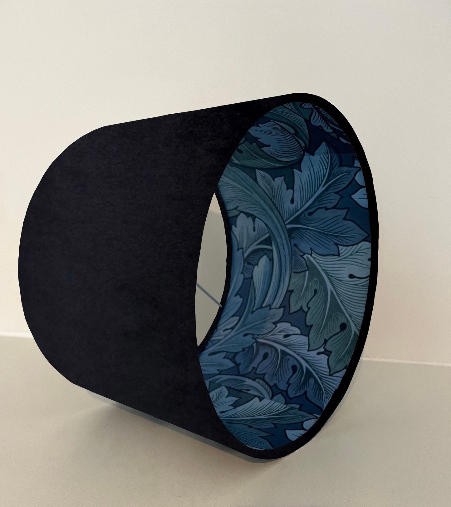 Black velvet drum lampshade/ ceiling light shade with blue leaves paper interior