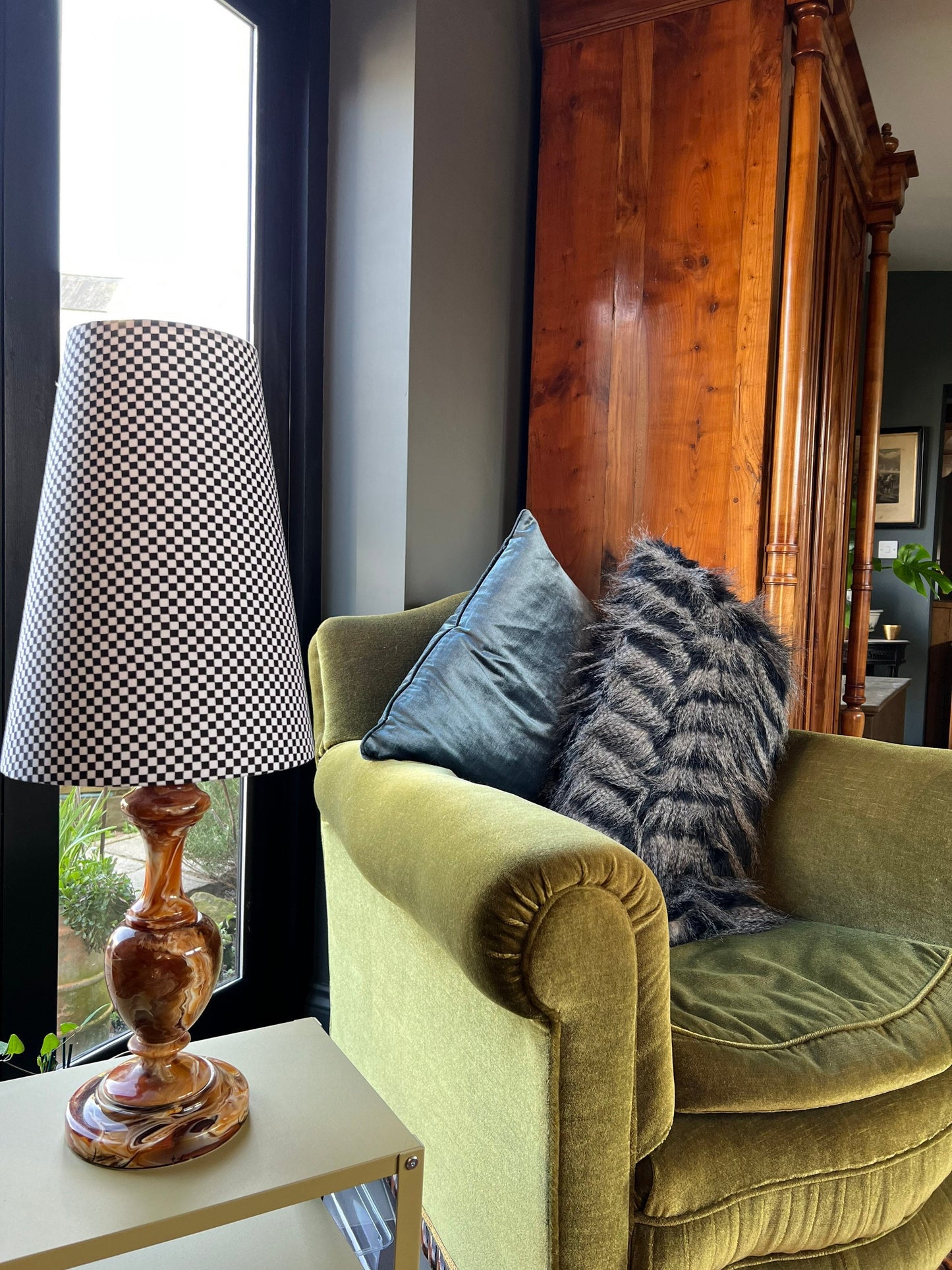 Checkerboard cotton cone lampshade, extra tall lampshade