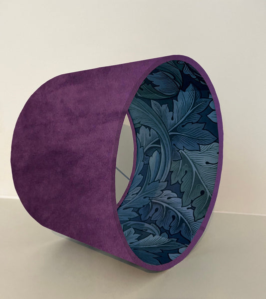 Purple velvet drum lampshade/ ceiling light shade with blue leaves paper interior