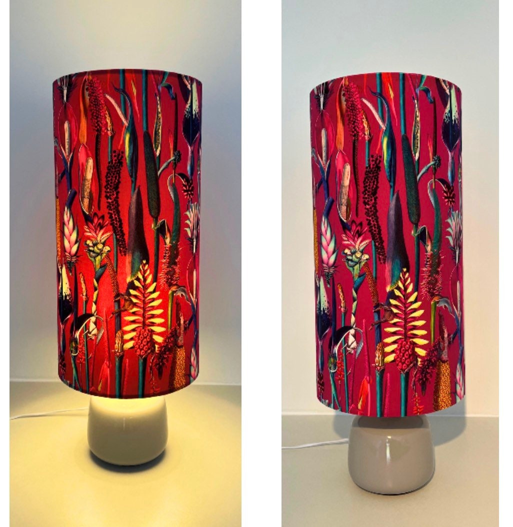 Botanical Cerise pink velvet cylinder lampshade, extra tall lampshade