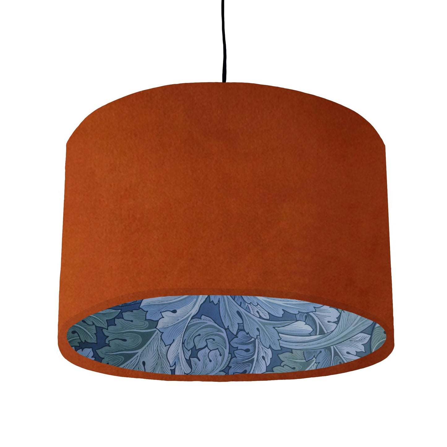 Burnt orange velvet drum lampshade/ ceiling light shade with blue leaves paper interior