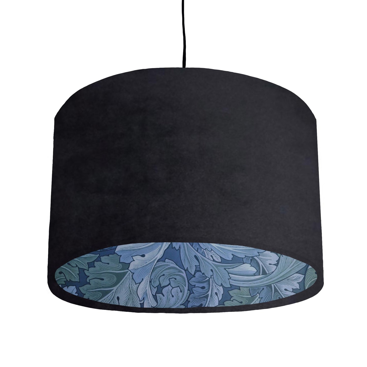 Black velvet drum lampshade/ ceiling light shade with blue leaves paper interior