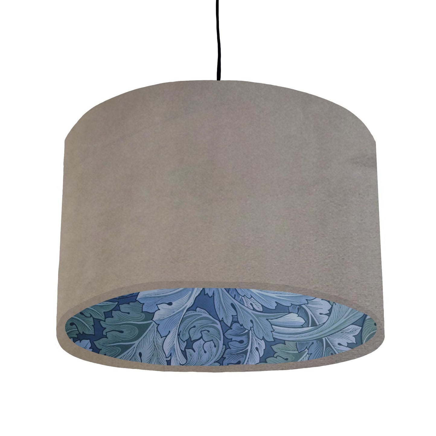 Grey velvet drum lampshade/ ceiling light shade with blue leaves paper interior