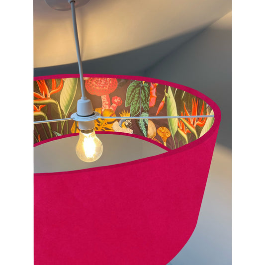 Cerise velvet drum lampshade/ ceiling light shade with wonderland paper interior