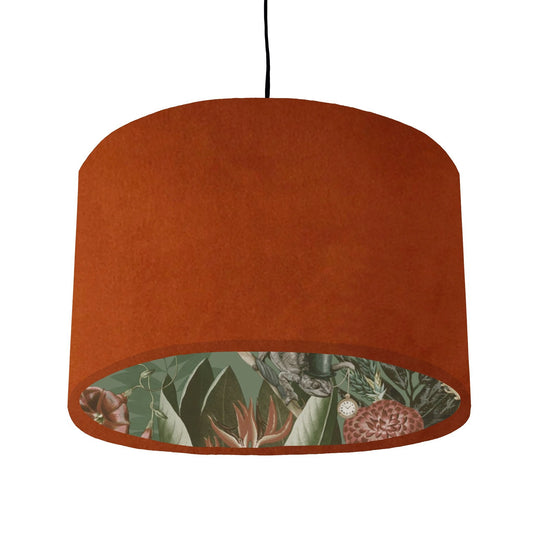 Burnt orange velvet drum lampshade/ ceiling light shade with sage wonderland paper interior