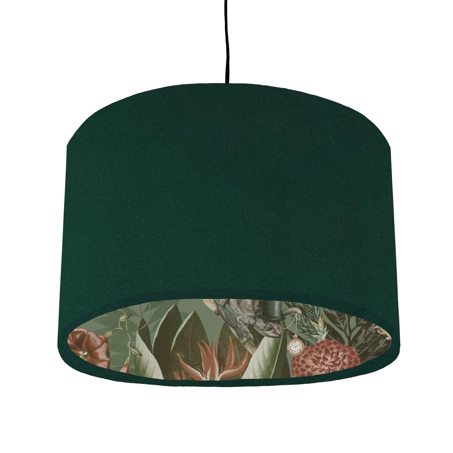 Green velvet wonderland drum lampshade, double sided lampshade with sage wonderland paper on interior