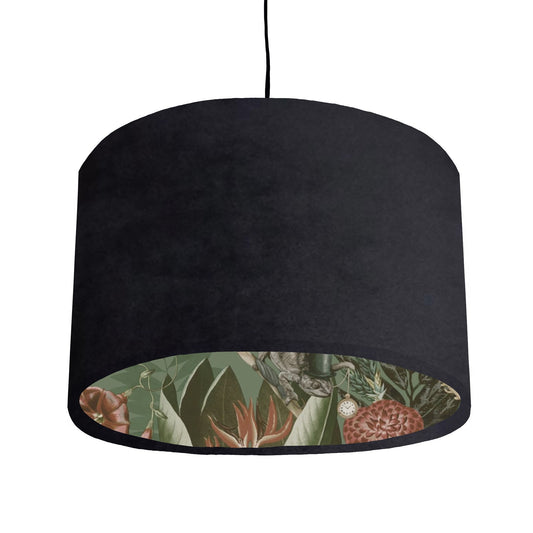 Black velvet drum lampshade/ ceiling light shade with sage wonderland paper interior