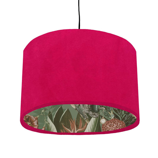 Cerise velvet wonderland drum lampshade, double sided lampshade with sage wonderland paper on interior