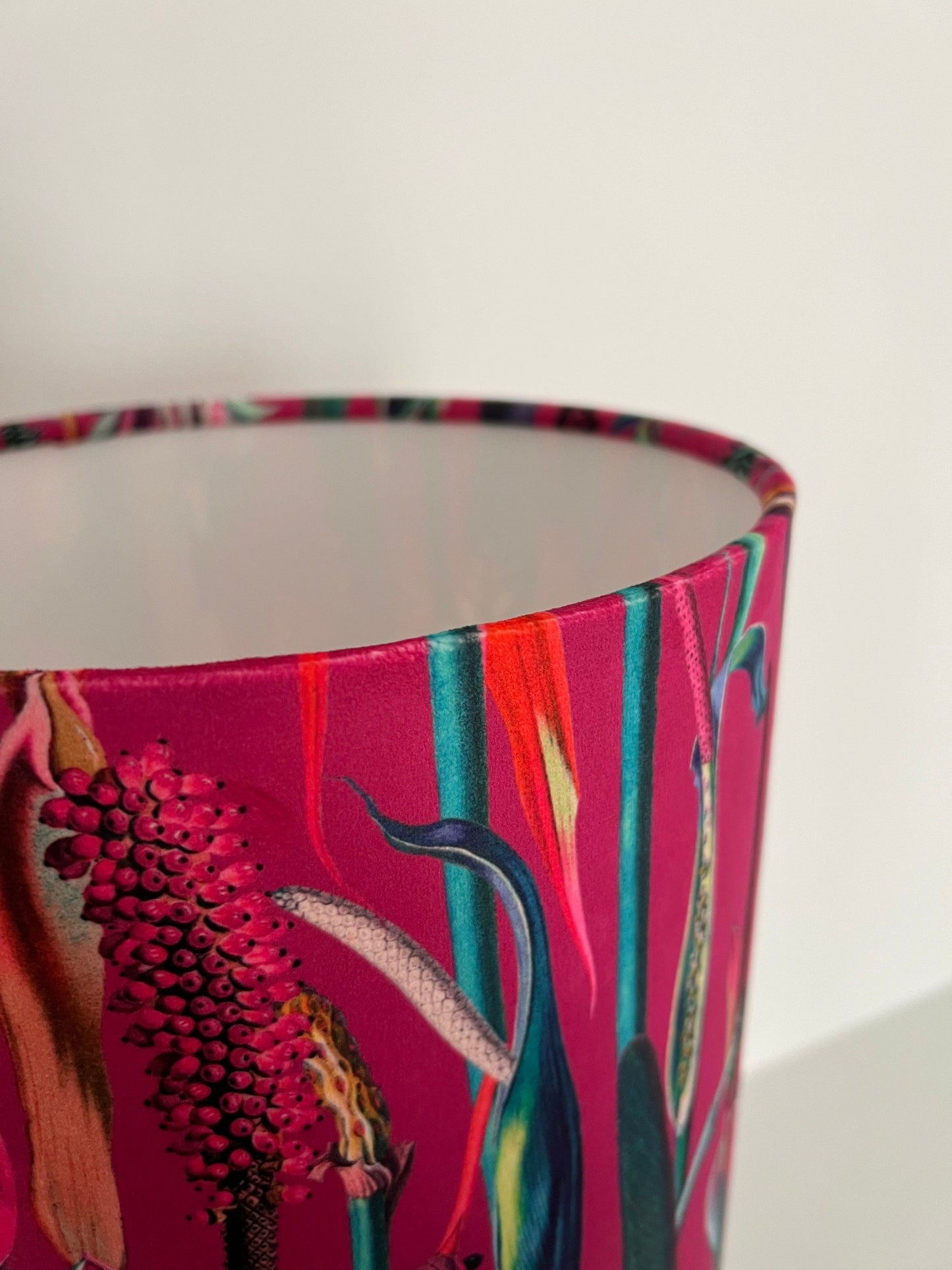 Botanical Cerise pink velvet cylinder lampshade, extra tall lampshade