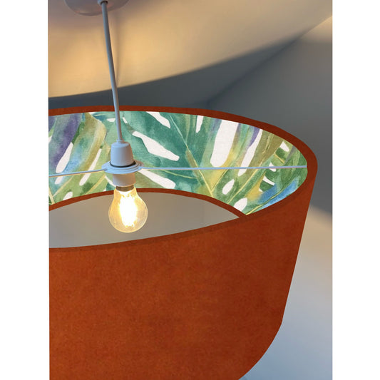 Burnt orange velvet drum lampshade/ ceiling light shade with leaves interior