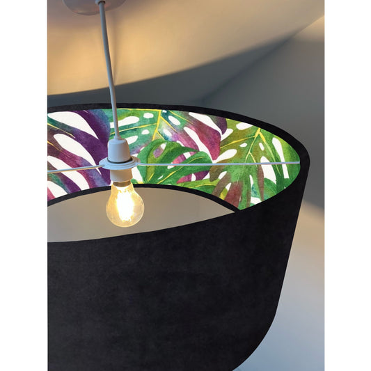 Black velvet drum lampshade/ ceiling light shade with multicoloured leaves interior