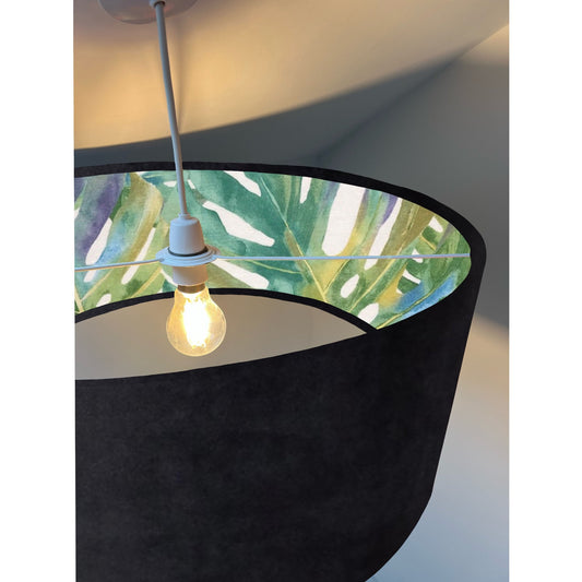 Black velvet drum lampshade/ ceiling light shade with leaves interior