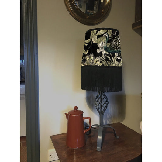 Peacock, butterfly velvet french drum lampshade, in black, with black fringe and braid