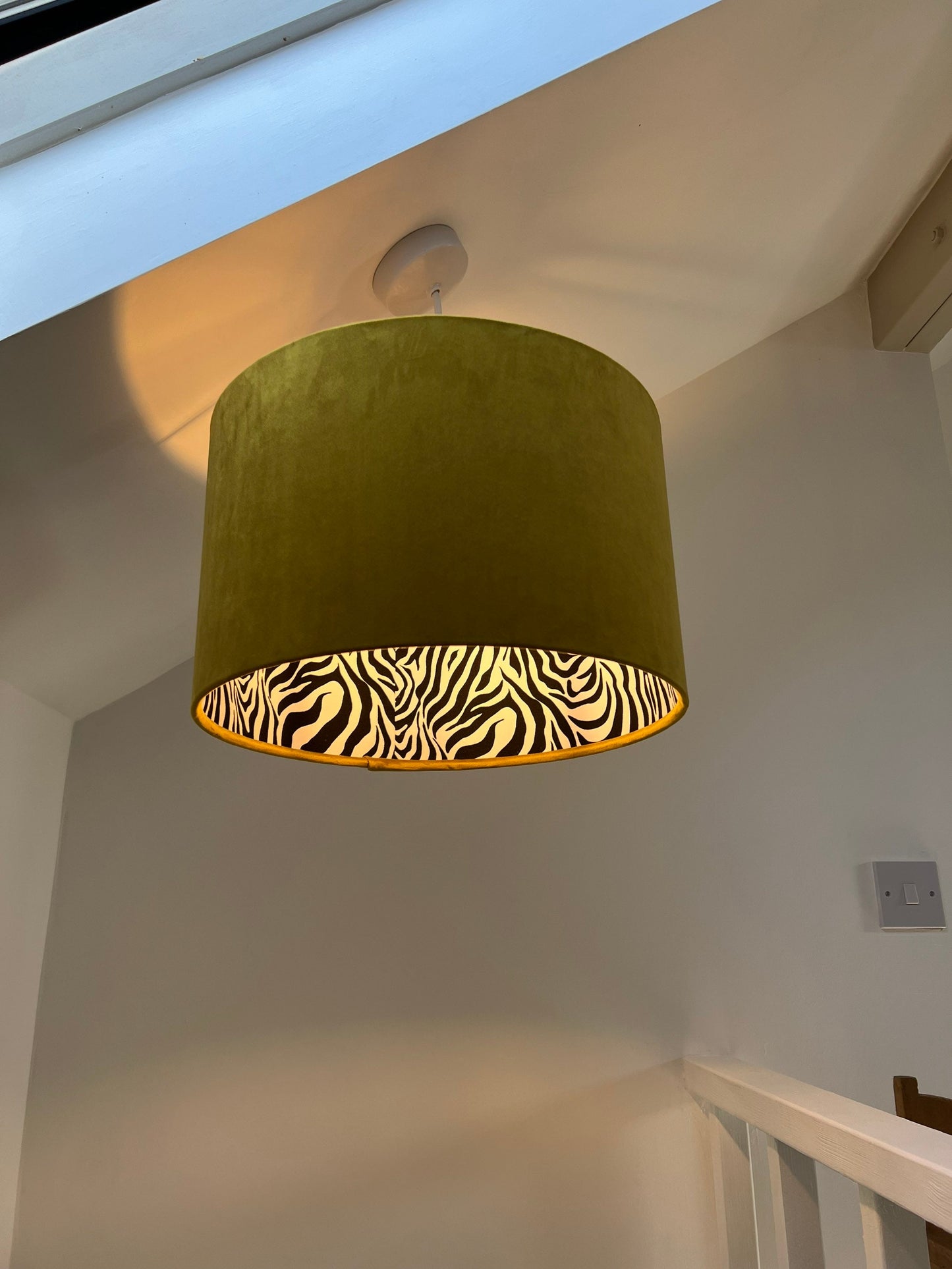 Mustard velvet drum lampshade/ ceiling light shade with zebra print cotton interior