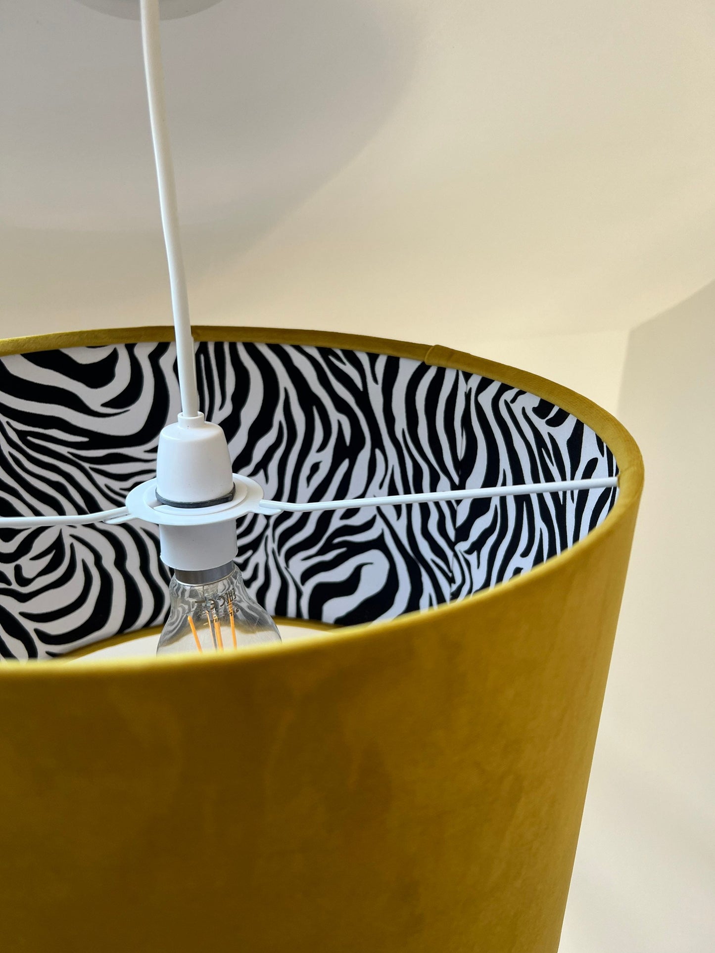 Mustard velvet drum lampshade/ ceiling light shade with zebra print cotton interior