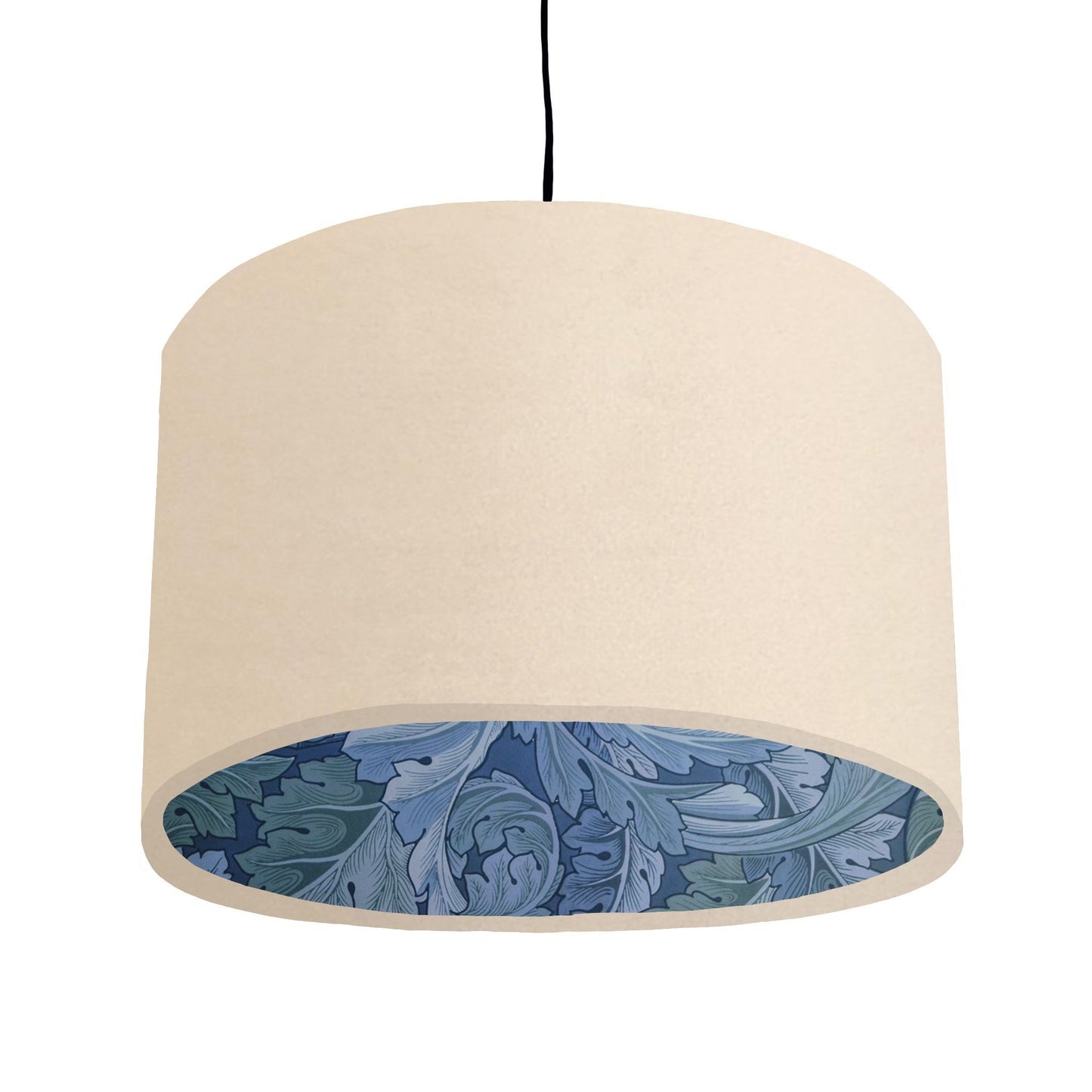 Cream velvet drum lampshade/ ceiling light shade with blue leaves paper interior