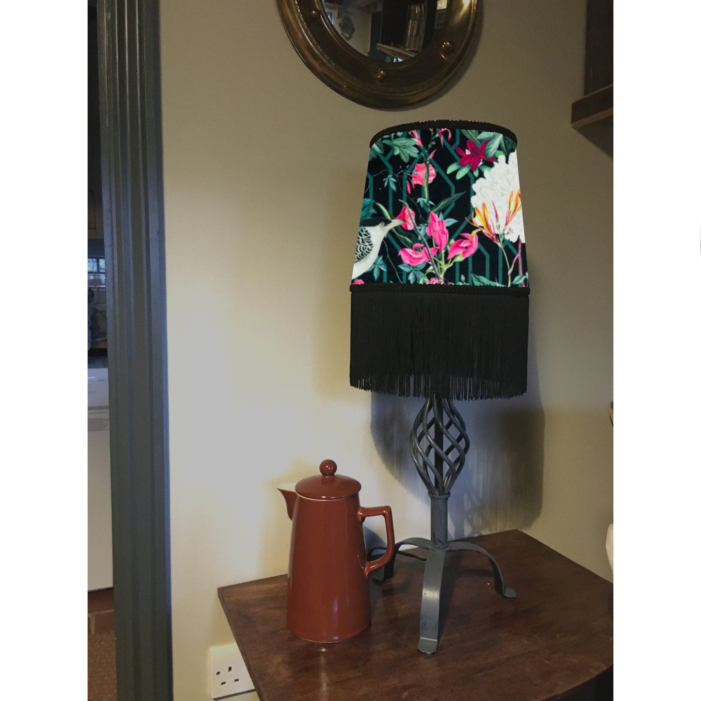 Geometric floral birds velvet french drum lampshade / ceiling light shade, with black fringe and braid