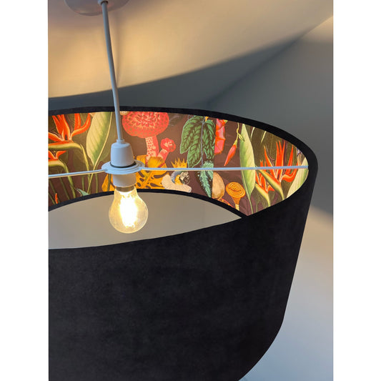 Black velvet drum lampshade/ ceiling light shade with wonderland paper interior