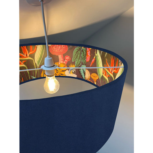Navy velvet drum lampshade/ ceiling light shade with wonderland paper interior