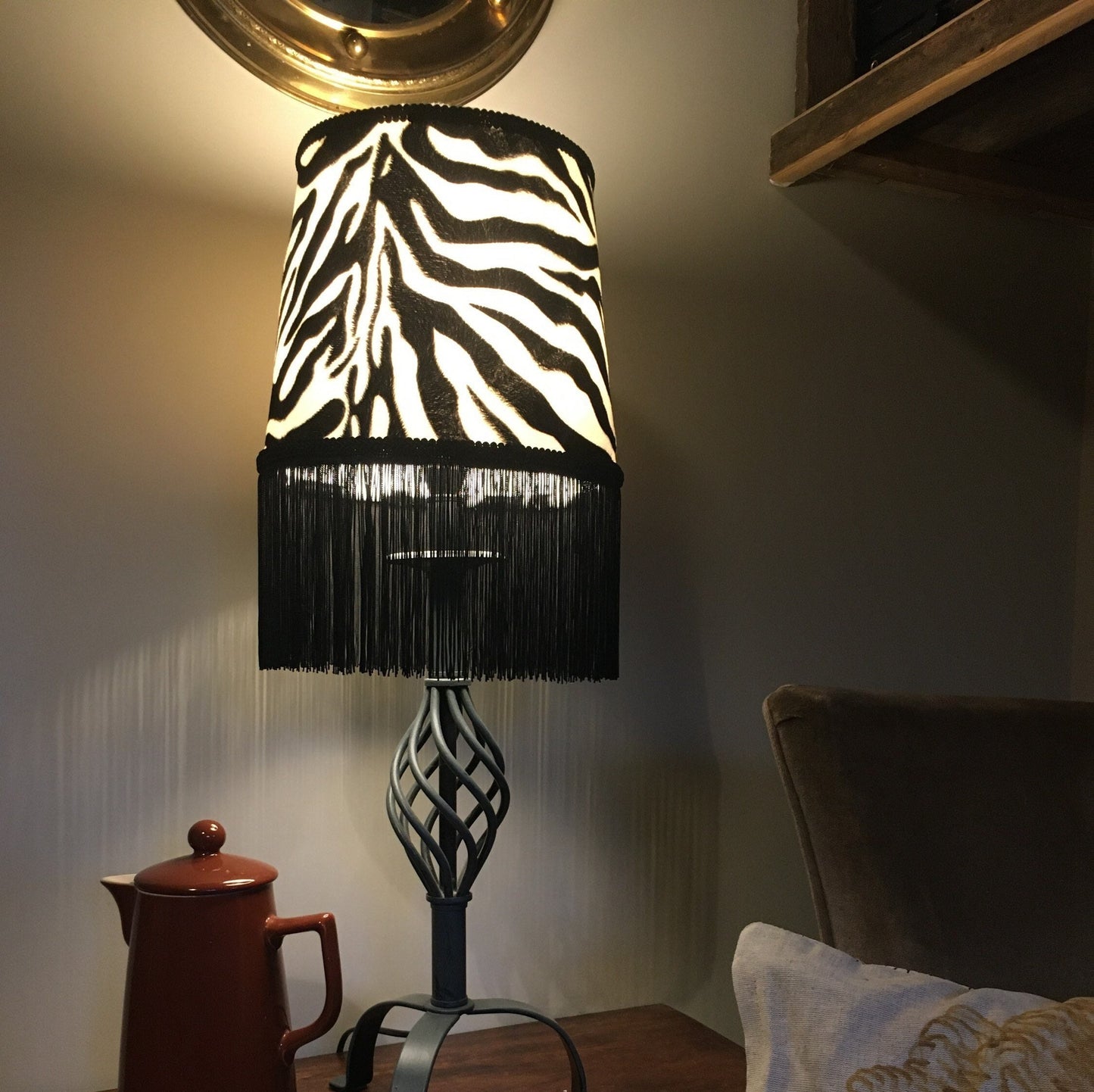 Zebra print velboa french drum lampshade, with black fringe and braid