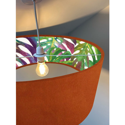 Burnt orange velvet drum lampshade/ ceiling light shade with multicoloured leaves interior