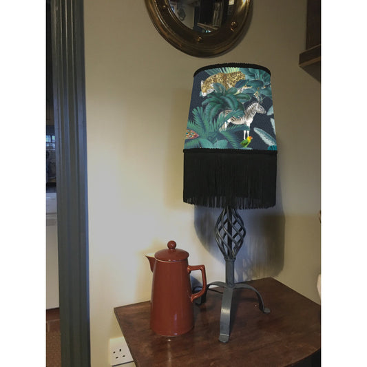 Jungle velvet french drum lampshade / ceiling light shade, with black fringe and braid