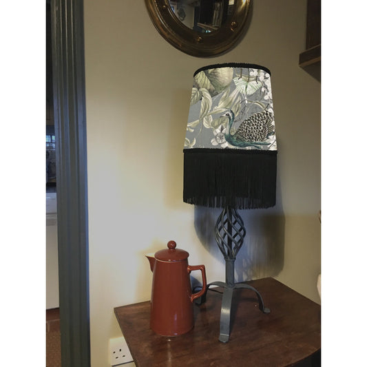 Peacock, butterfly velvet french drum lampshade, in grey, with black fringe and braid