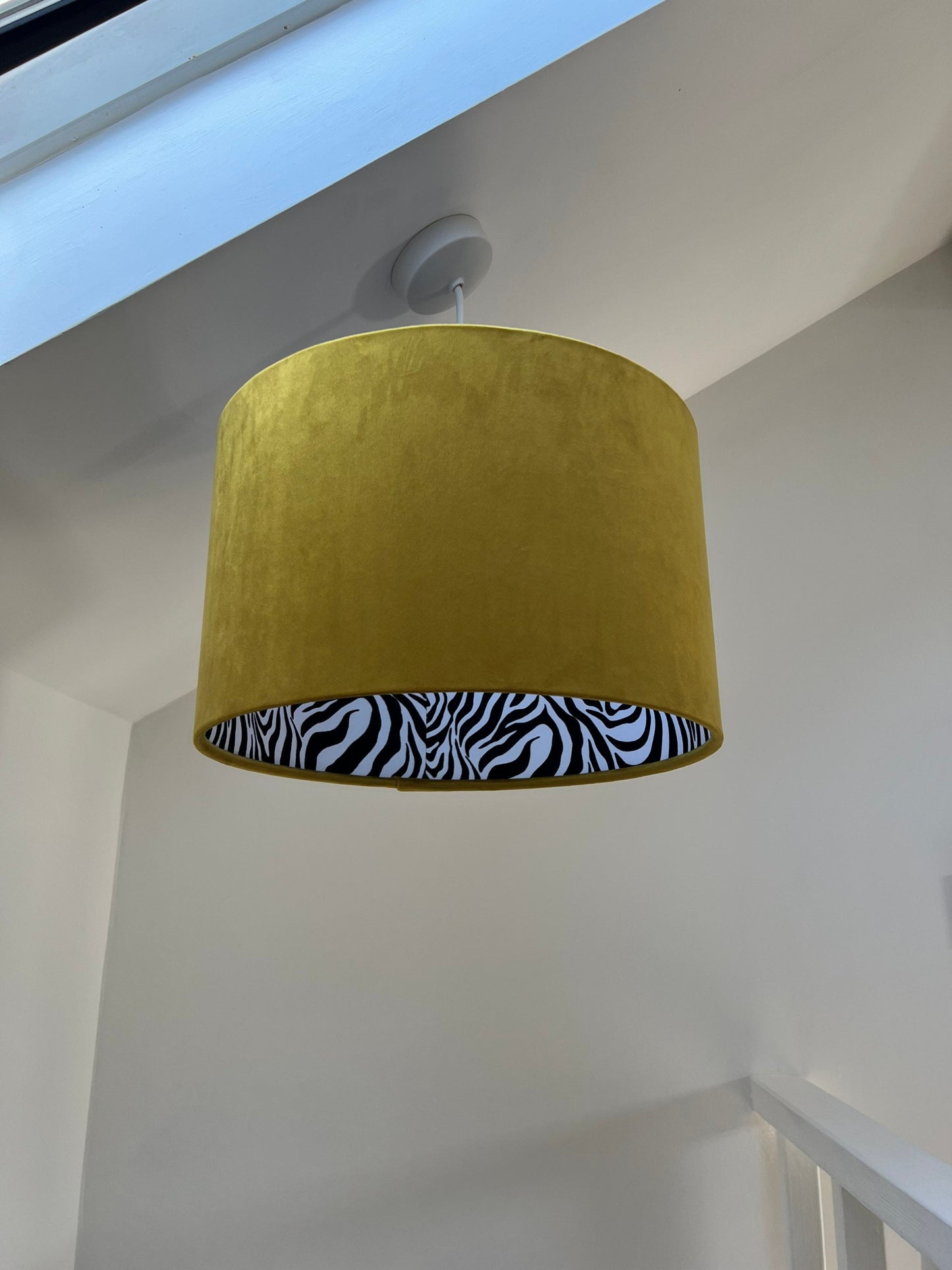 Mustard velvet drum lampshade/ ceiling light shade with zebra print cotton interior